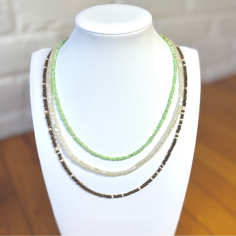 NWOT 3-Piece Beaded Necklace Set - Green, Ivory, Bronze - Boho Aesthetic